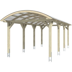 Weißes Skan Holz Bogendach-Carport Franken mit Doppelstegplatten und acht Pfosten.