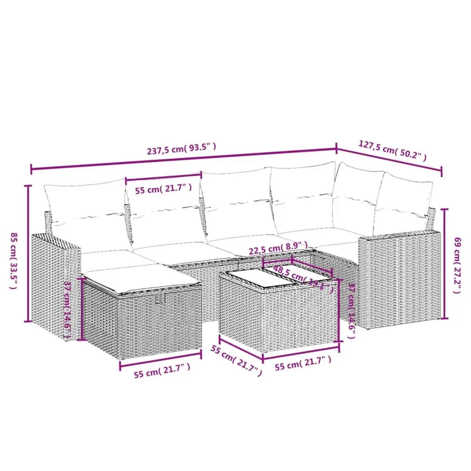 Graue 7-tlg. vidaXL Garten-Sofagarnitur aus Polyrattan mit Kissen, Maße eingezeichnet.