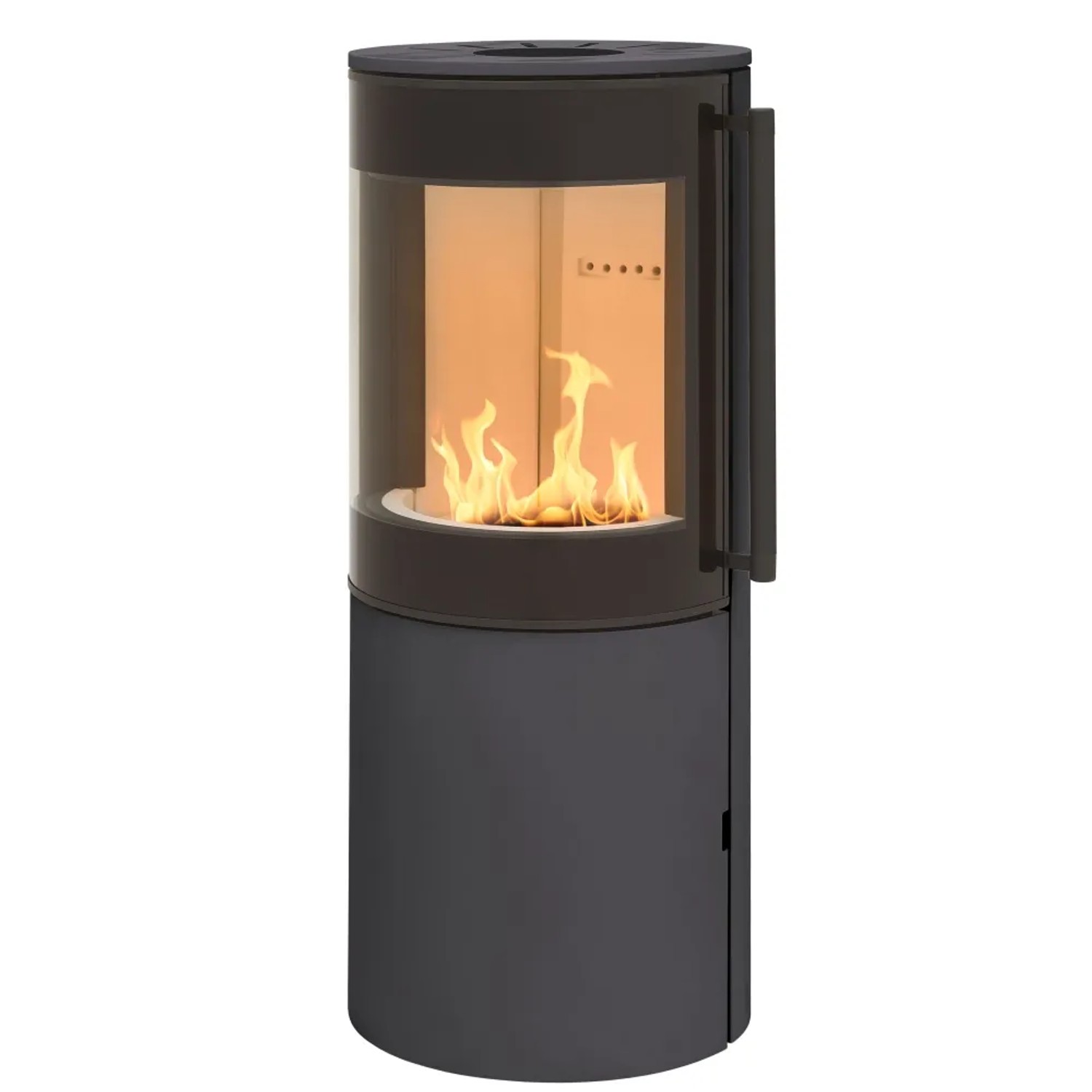 Moderner Kaminofen MONO 3.0 in Stahl-Titan Optik mit Panoramascheibe und brennendem Feuer.