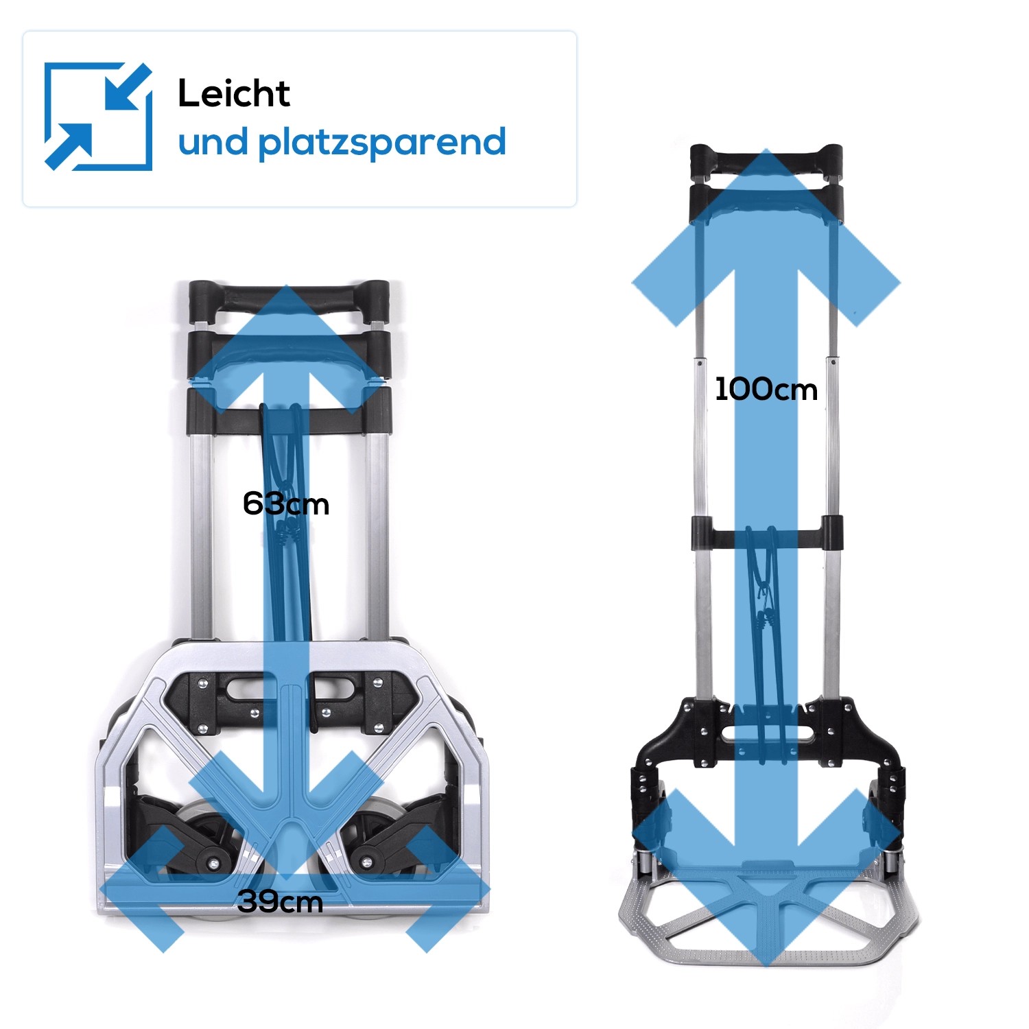 Tronitechnik Sackkarre, klappbar, mit Maßangaben für Transport und Lagerung.