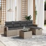Graue 6-tlg. Garten-Sofagarnitur aus Polyrattan mit Kissen und Tisch für Terrasse oder Garten.