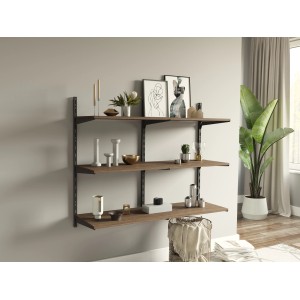 Regal mit drei MDF-Fachböden in Eiche Dunkel, 60x40 cm, an einer Wand mit Dekoration.