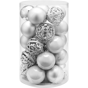 Weihnachtskugel-Set Ornament, 25-teilig, Ø 6 cm, silberfarben, matte und glänzende Oberflächen.