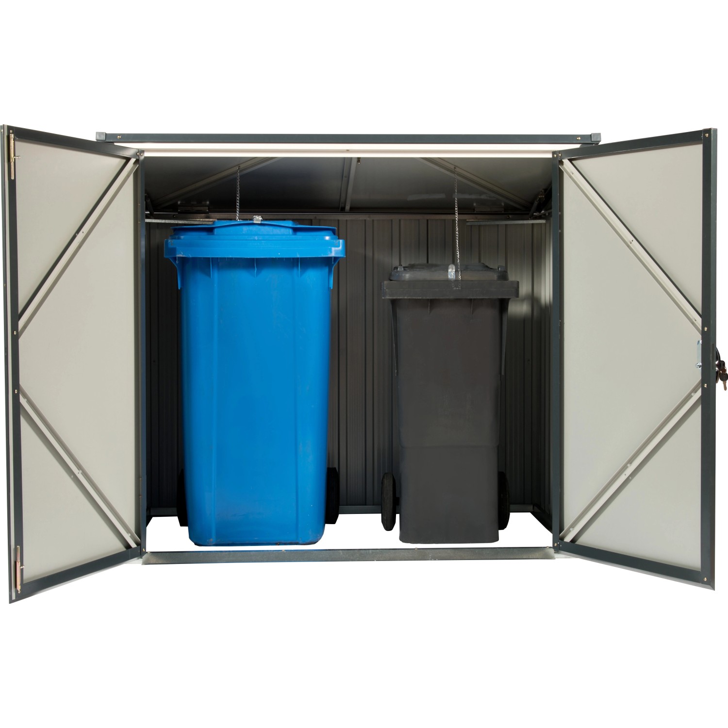 Duramax Mülltonnenbox Anthrazit/Weiß mit zwei Mülltonnen. Abschließbare Aufbewahrung für 2 Tonnen.