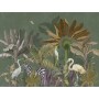 Dunkelgrüne Dschungel Tapete mit Flamingo, Kakadu, Zebra und Kranich. Regenwald Fototapete für Wohnzimmer.