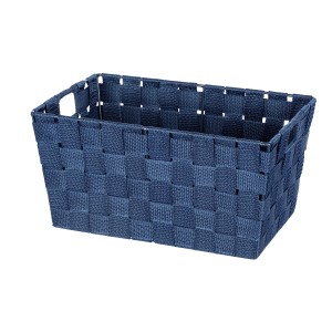 Dunkelblauer Wenko Aufbewahrungskorb Adria S aus Polypropylen mit Flechtoptik, 30x15x20 cm.