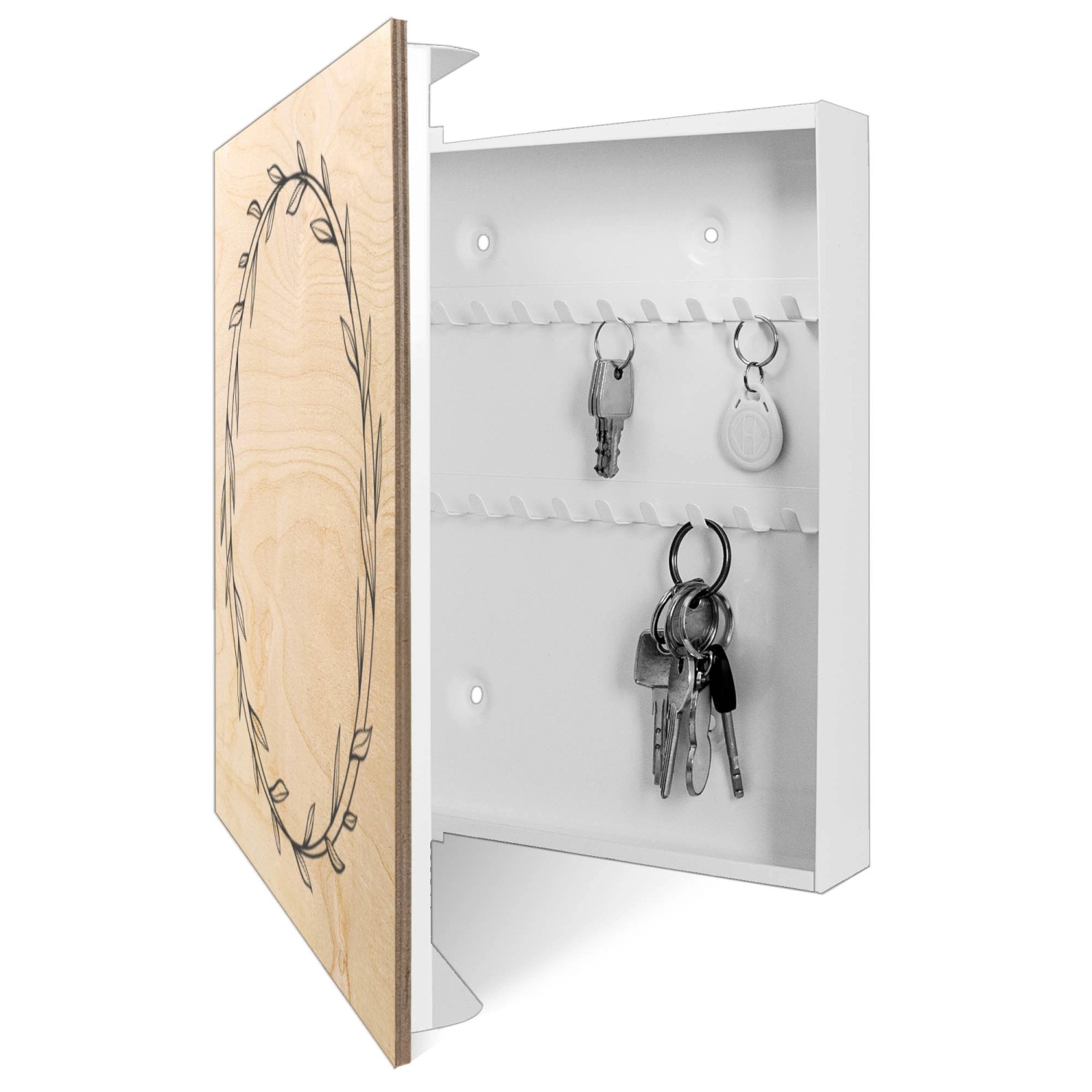 Weißer Banjado Schlüsselkasten mit Holzfront, Blätterkranz Motiv, 50 Haken für Schlüsselaufbewahrung.