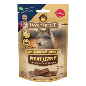 Wolfsblut Meat Jerky Hunde-Belohnungssnacks mit Ente & Truthahn, getreidefrei, 80g.