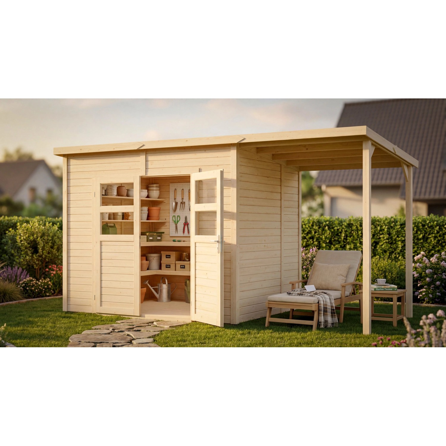 Bertilo Holz-Gartenhaus Felix 2 PLUS NATURAL Flachdach Unbehandelt