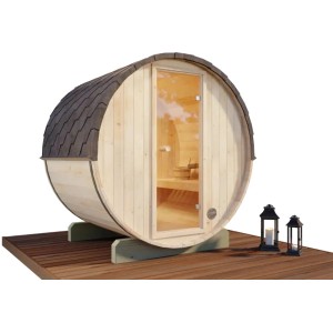 FinnTherm Fasssauna Mini XS aus Fichte mit Glastür und Dachschindeln.