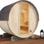 FinnTherm Fasssauna Mini XS aus Fichte mit Glastür und Dachschindeln.