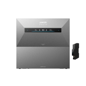 Anker SOLIX Solarbank Max AC Speicher, grau, mit Display und schwarzem Smart Meter Gen 2 für Balkonkraftwerke.