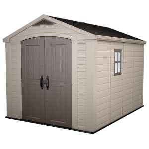 Keter Kunststoff-Gartenhaus, 8,1 m², in Braun-Beige mit Doppeltür und Fenster.