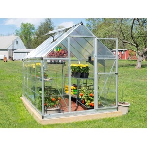 Palram Canopia Hybrid Gewächshaus 3.1x1.9m, silberner Rahmen, klare Wände, mit Pflanzen.