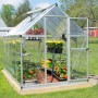 Palram Canopia Hybrid Gewächshaus 3.1x1.9m, silberner Rahmen, klare Wände, mit Pflanzen.
