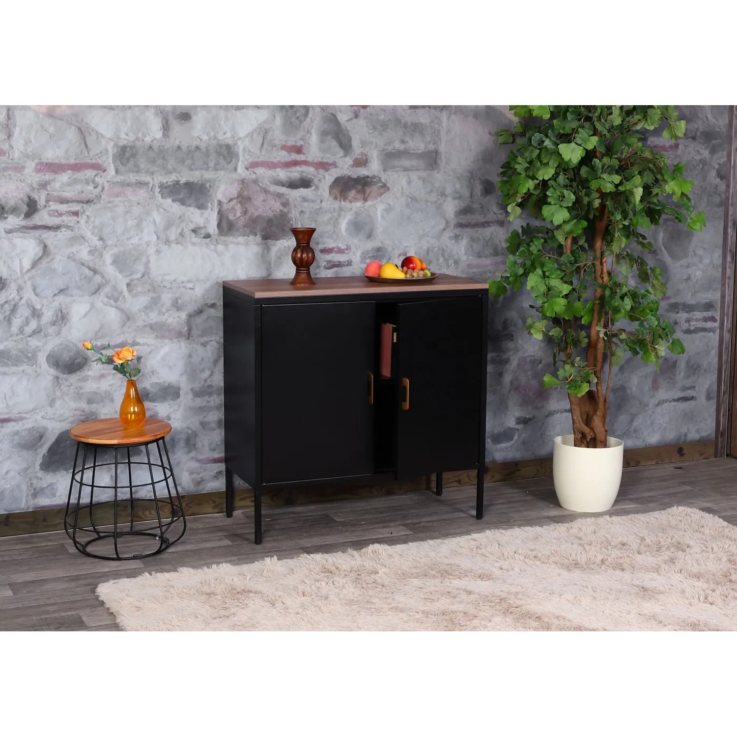 Schwarze MCW Kommode L84-2 mit zwei Türen und Holzplatte. Schubladenkommode mit Stauraum.