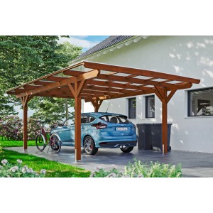 Skan Holz Carport Odenwald in Nussbaum mit Auto und Fahrrad untergestellt.