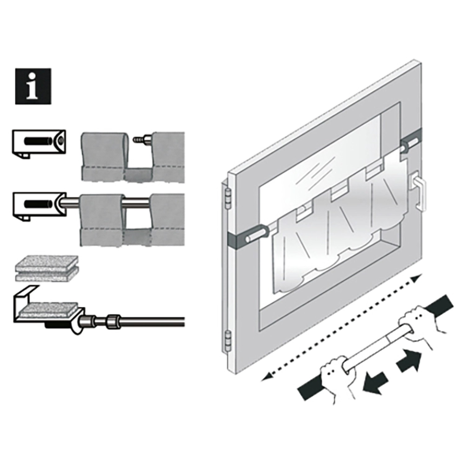 Montage einer schwarzen Gardinia Spannvitrage (60-90cm) am Fensterflügel. Teleskopstange ohne Bohren.