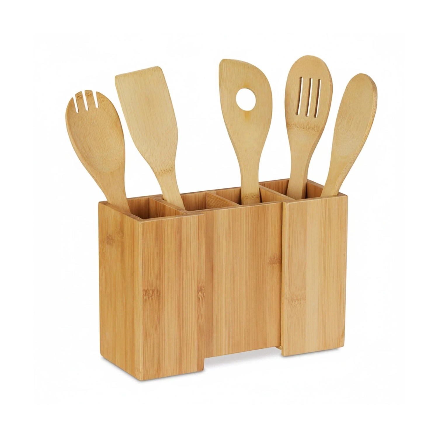 Relaxdays Küchenutensilienhalter mit 5 Kochlöffeln Bambus Natur Ausziehbar 17 cm x 15 cm x 10 cm 1 kg