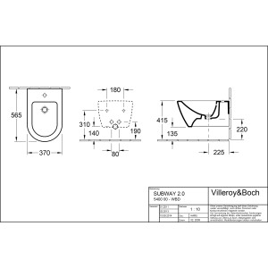Technische Zeichnung: Villeroy & Boch Subway 2.0 Wandbidet, Maße und Details.