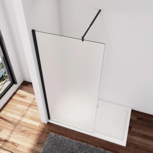 AICA Walk-In Duschkabine mit schwarzem Rahmen und Milchglas, inklusive Stabilisierungsstange.