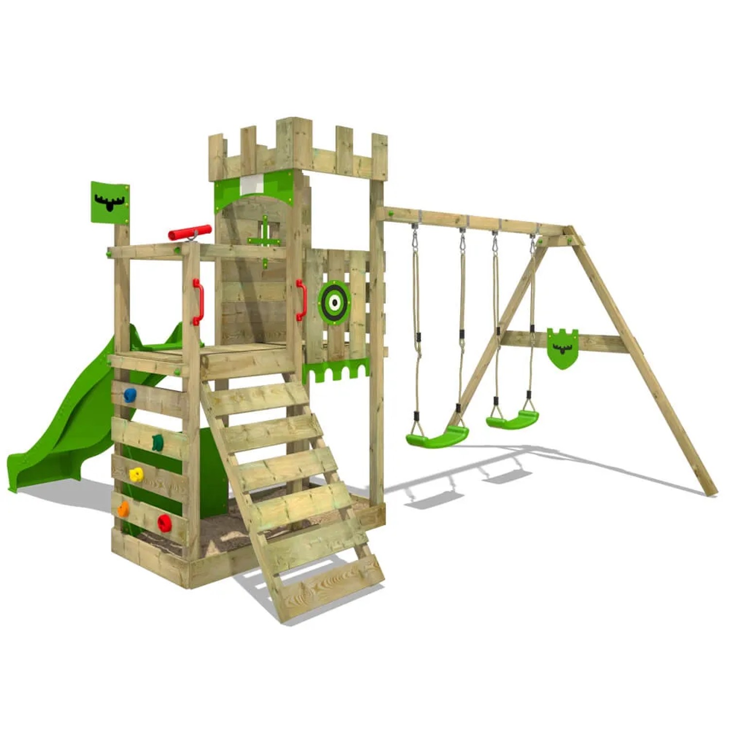 Fatmoose Spielturm BoldBaron mit Rutsche und Schaukel in Apfelgrün.