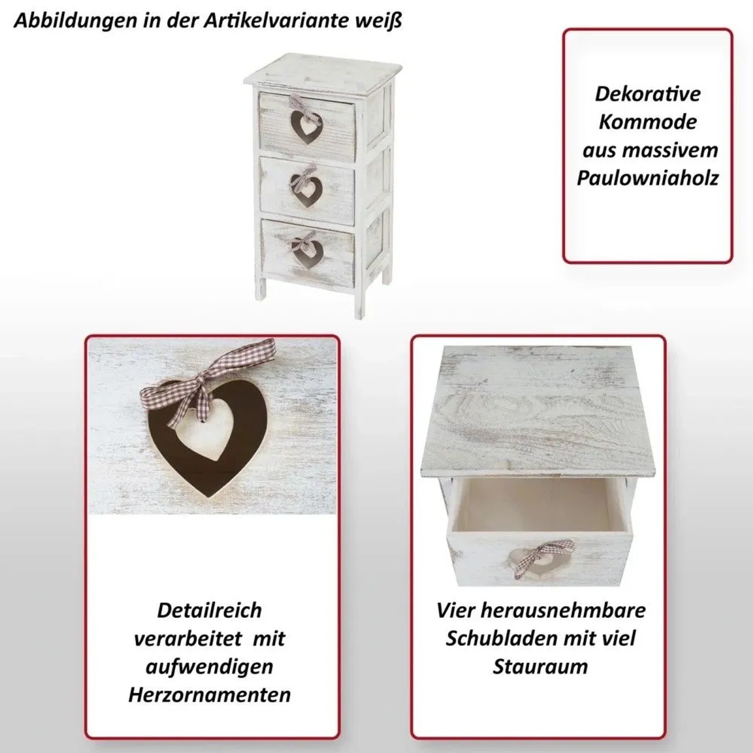 Weiße MCW Kommode Sues aus Paulowniaholz mit 3 Schubladen und Herzornamenten im Shabby-Chic-Stil.