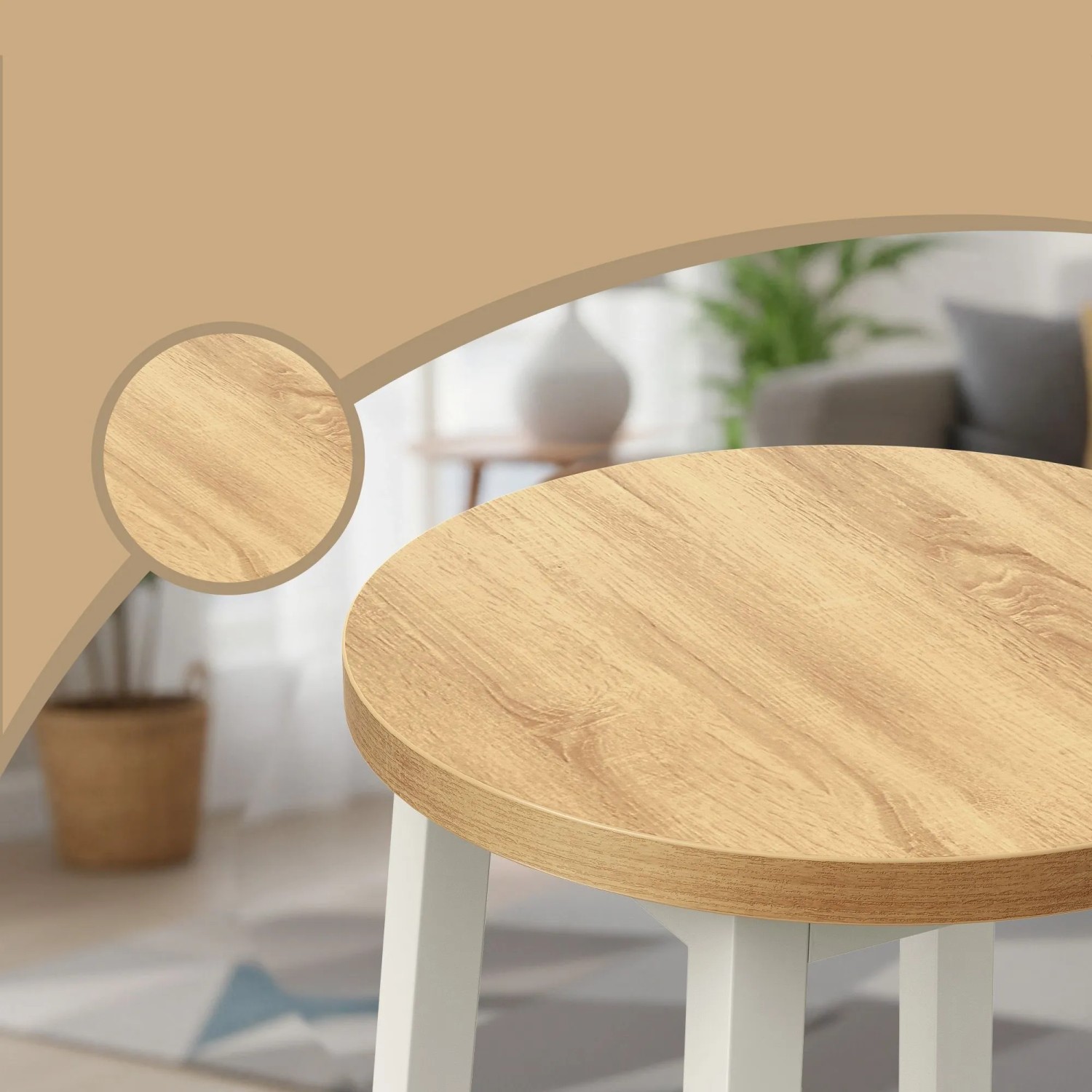 Vasagle Barhocker Set, 2 weiße Hocker mit Holzoptik Sitzfläche und Fußstütze.