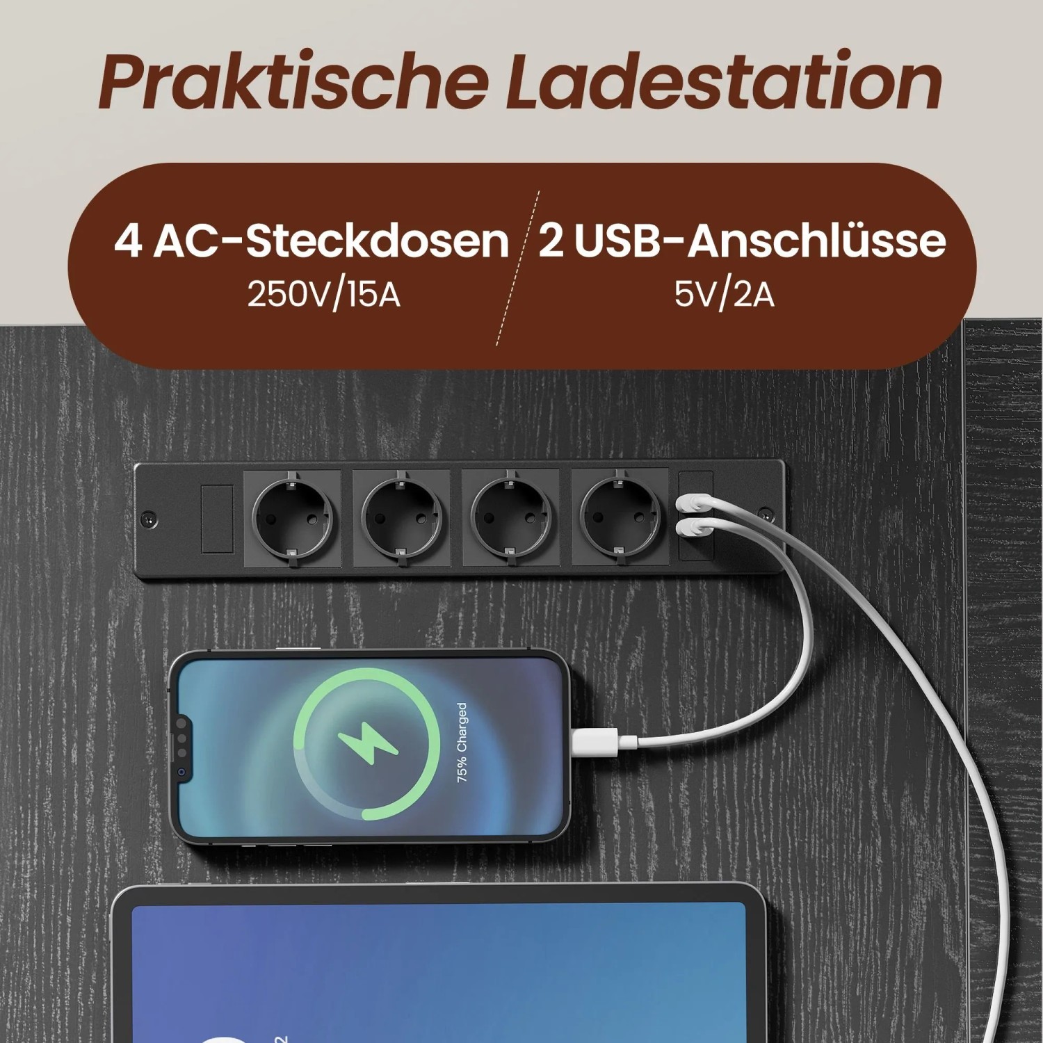 Songmics Schreibtisch Brandon: Steckdosenleiste mit 4 Steckdosen und 2 USB-Anschlüssen, Smartphone wird geladen.