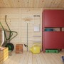 Innenansicht: Palmako Gerätehaus Leif mit Gartengeräten und Werkzeugschrank.