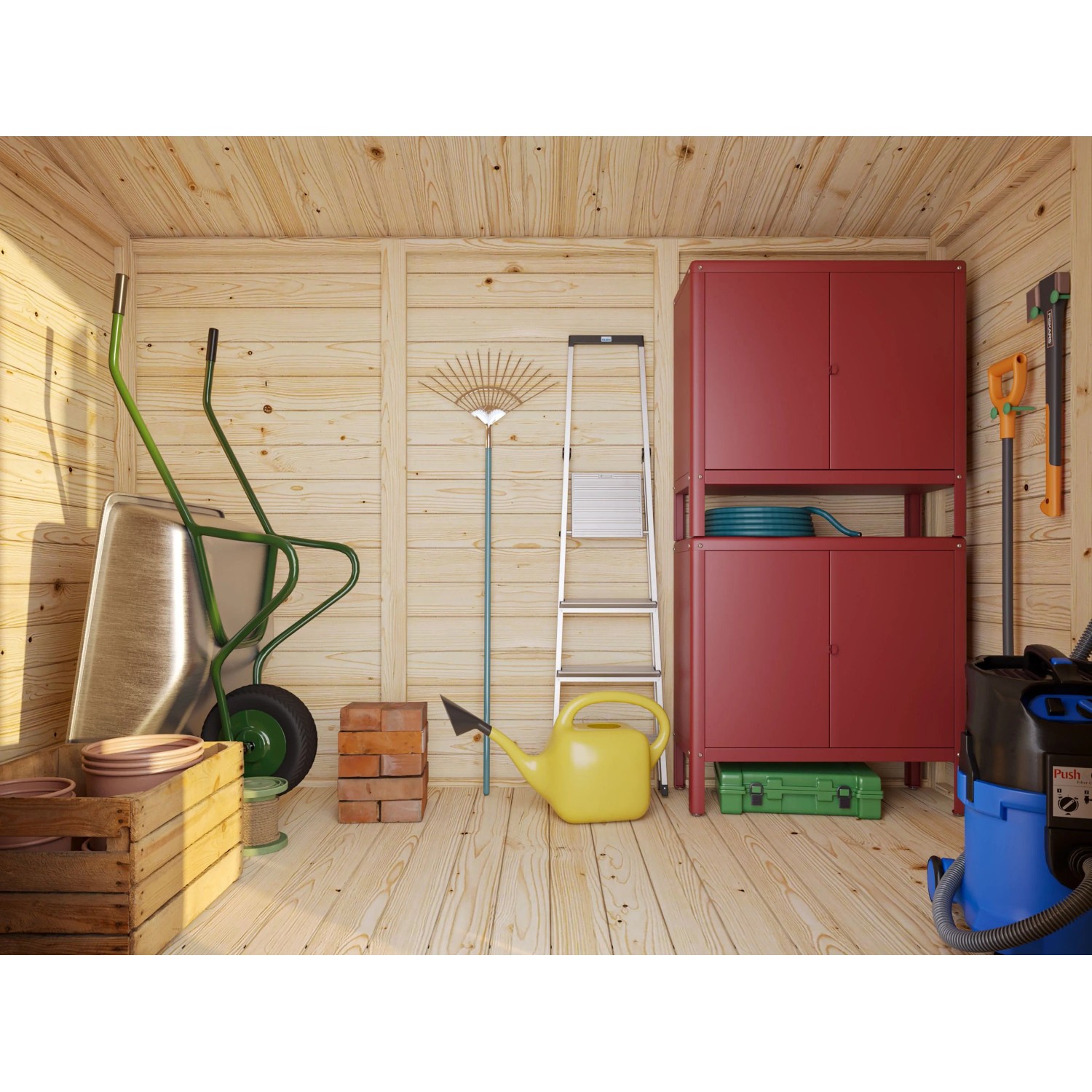 Innenansicht: Palmako Gerätehaus Leif mit Gartengeräten und Werkzeugschrank.
