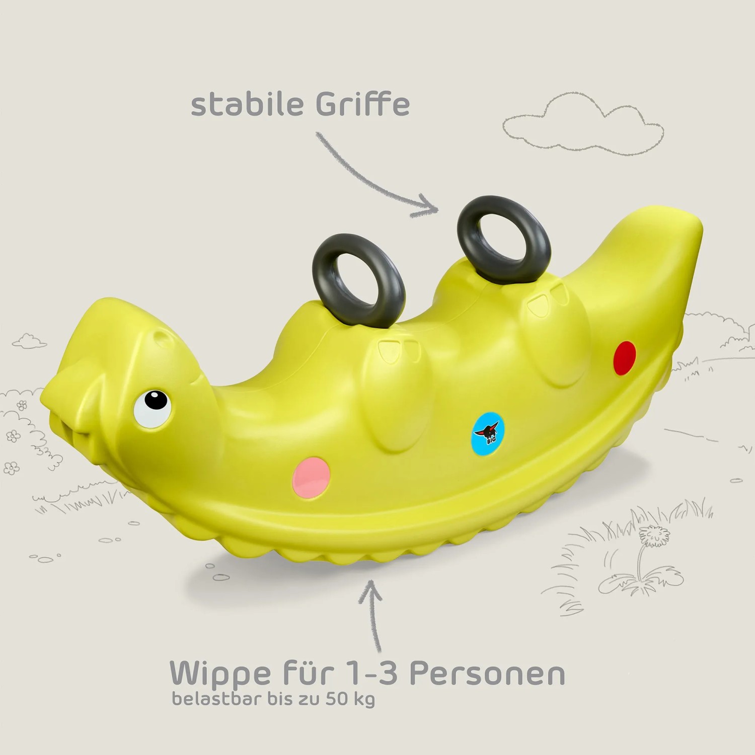BIG Kinderwippe Sammy Rocker in Grün für bis zu 3 Kinder. Robuste Ausführung mit Griffen.