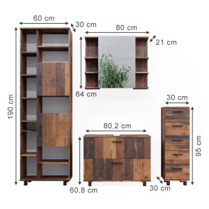 Vicco Badmöbel-Set Ilias, 4-teilig, Eiche Rustikal: Hochschrank, Spiegelschrank, Unterschrank, Schrank. Badmöbel im Landhausstil.