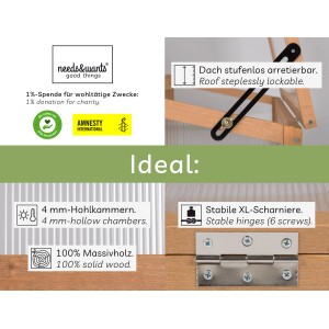 Details des needs&wants Frühbeet Covy1: Dach, Hohlkammern, Massivholz und Scharniere.