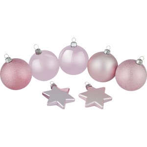 Weihnachtskugel-Set Sterne, 50-teilig, Rosa, mit verschiedenen Oberflächen.