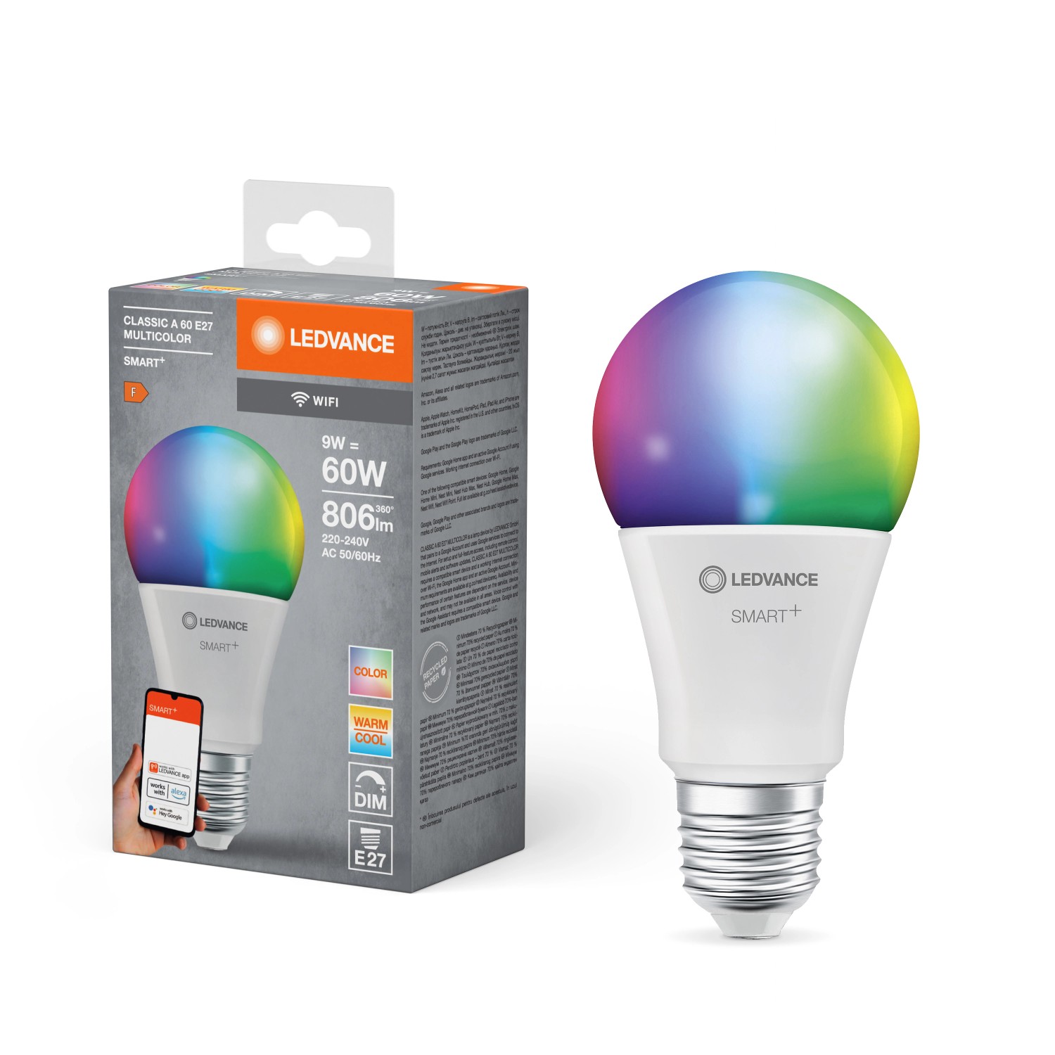 Ledvance Smart+ WiFi LED-Lampe Kolbenform E27/10W 806lm RGBW Farbwechsel