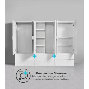 Weißer mokebo Kleiderschrank mit 2 Türen und Schubladen, erweiterbar.