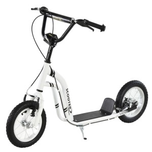 Weißer HOMCOM Kinderroller mit Luftreifen, schwarzem Lenker und Bremsen. Robuster Tretroller mit Ständer.