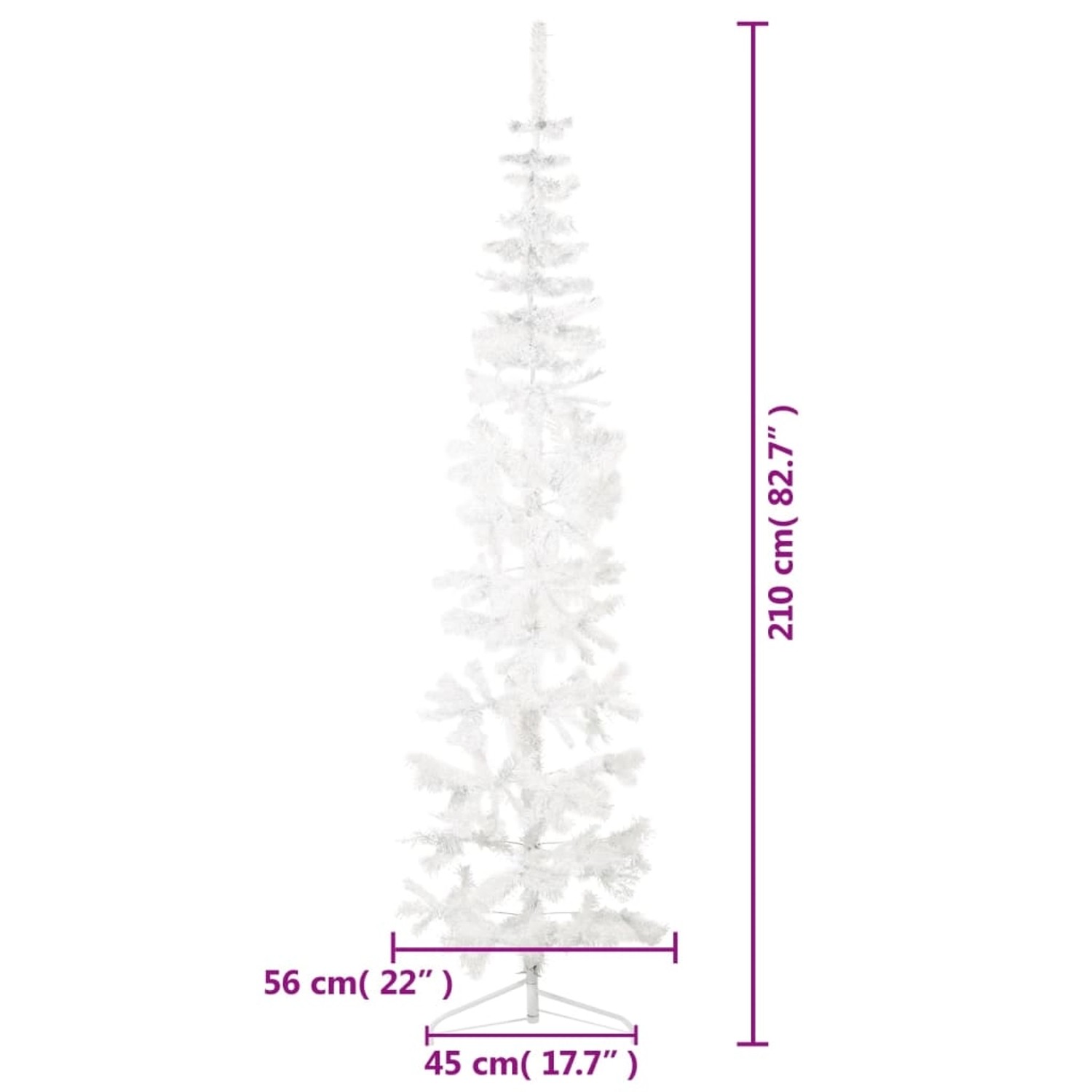 Schlanker, weißer, künstlicher Halb-Weihnachtsbaum, 210 cm hoch, ideal für kleine Räume.
