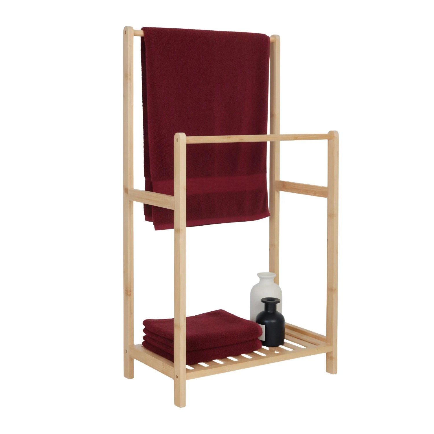 Relaxdays Handtuchständer Bambus Natur 2 Stangen Ablage Freistehend 77,5 cm x 42 cm x 24 cm 1,3 kg