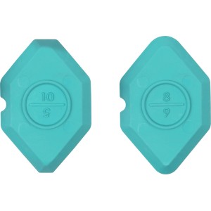 wolfcraft Fugenglätter für Fugen-Reparatur-Set, 2 türkise Kunststoff-Aufsätze mit Größenangabe.