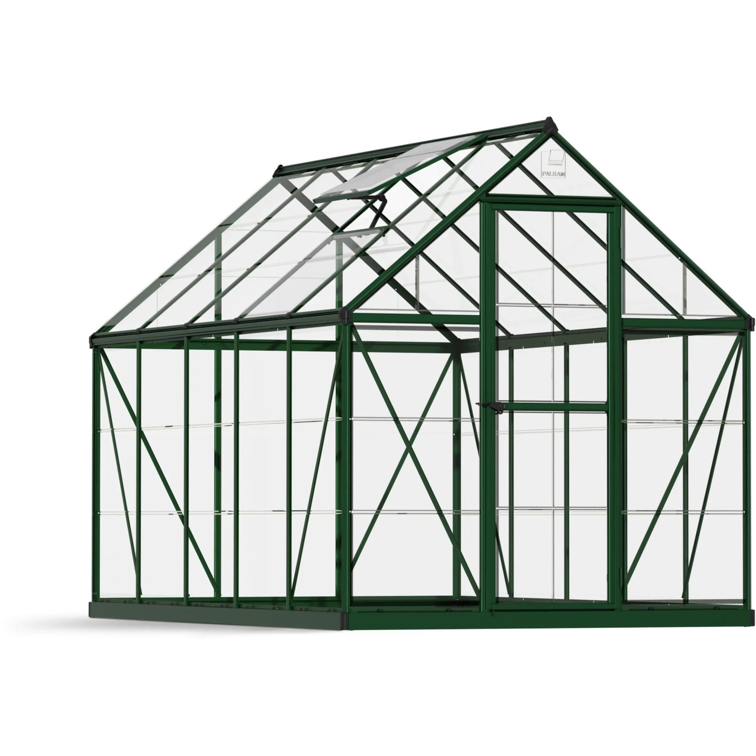 Freistehendes, grünes Palram Canopia Gewächshaus mit Fundamentrahmen, 5,7 m².