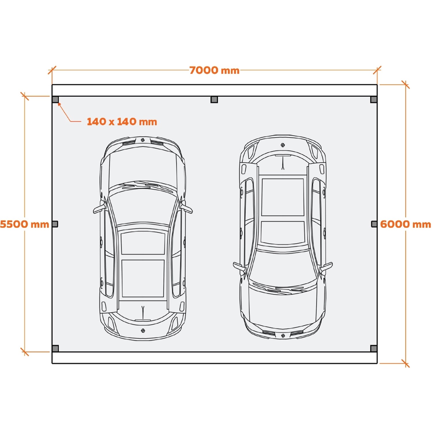 Draufsicht Holzbrüder Doppelcarport Ralf, imprägniert, 700x600 cm, dunkelgraues Blechdach, Maße