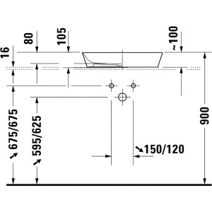 Technische Zeichnung: Duravit Cape Cod Aufsatzwaschbecken, 55 cm, weiße Keramik mit Maßangaben.