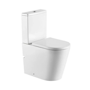 Weißes Stand-WC-Set mit Spülkasten und Softclose-Sitz, spülrandlos.
