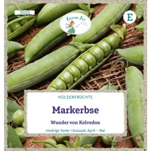 Saatgutpackung Grüne Fee Markerbse Wunder von Kelvedon mit Erbsenhülsen und Erbsen.