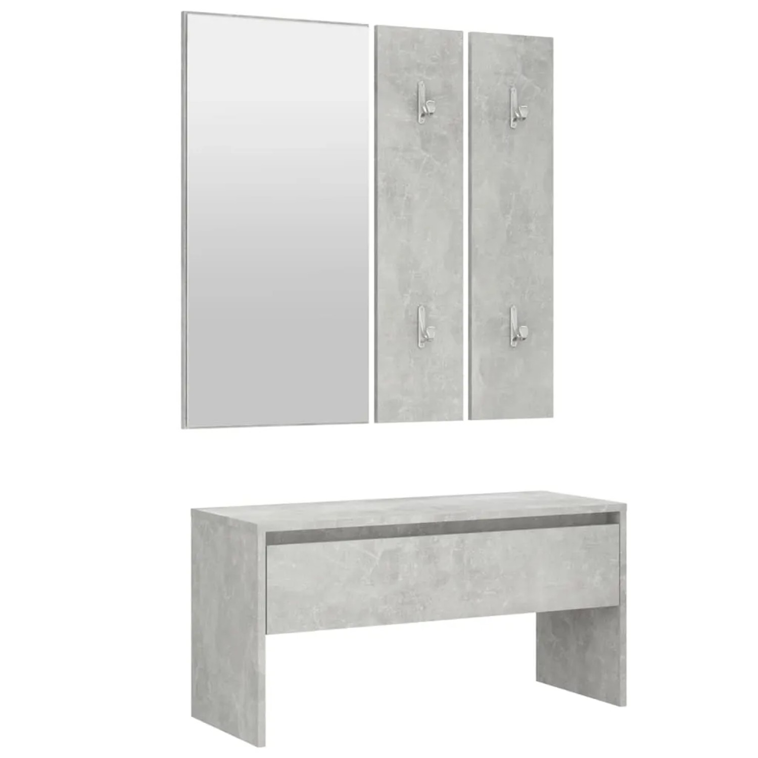 vidaXL Flurmöbel-Set in Betongrau mit Bank, Spiegel, Garderobe und Pflanzgefäß.