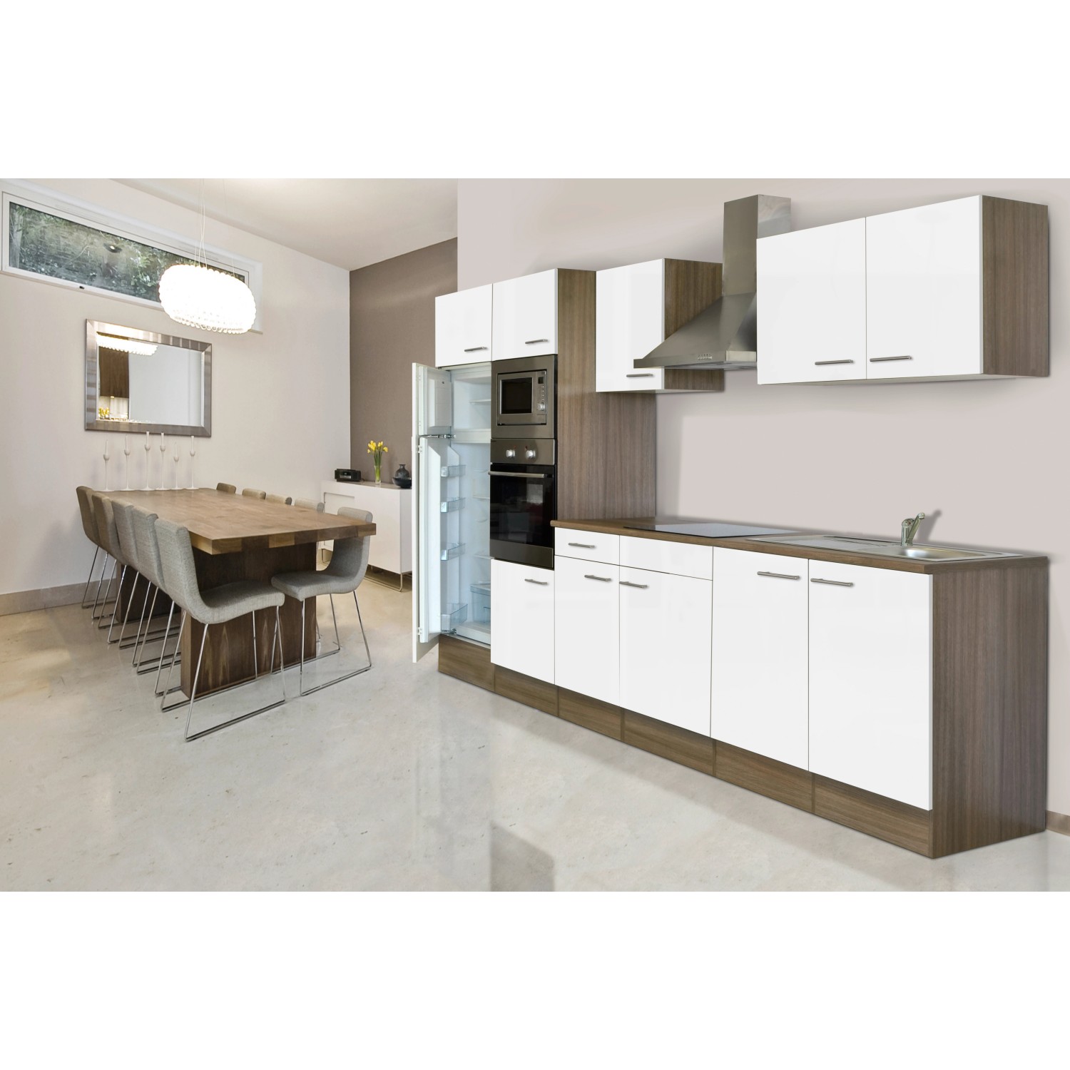 Respekta Küchenzeile KB330EYWMIGKE, 330 cm, Weiß Seidenglanz/Eiche York Nachbildung, mit E-Geräten.