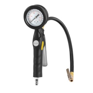 STAHLWERK Druckluft-Reifenfüllpistole mit integriertem Manometer, schwarzem Griff und flexiblem Schlauch für präzises Reifenfüllen.