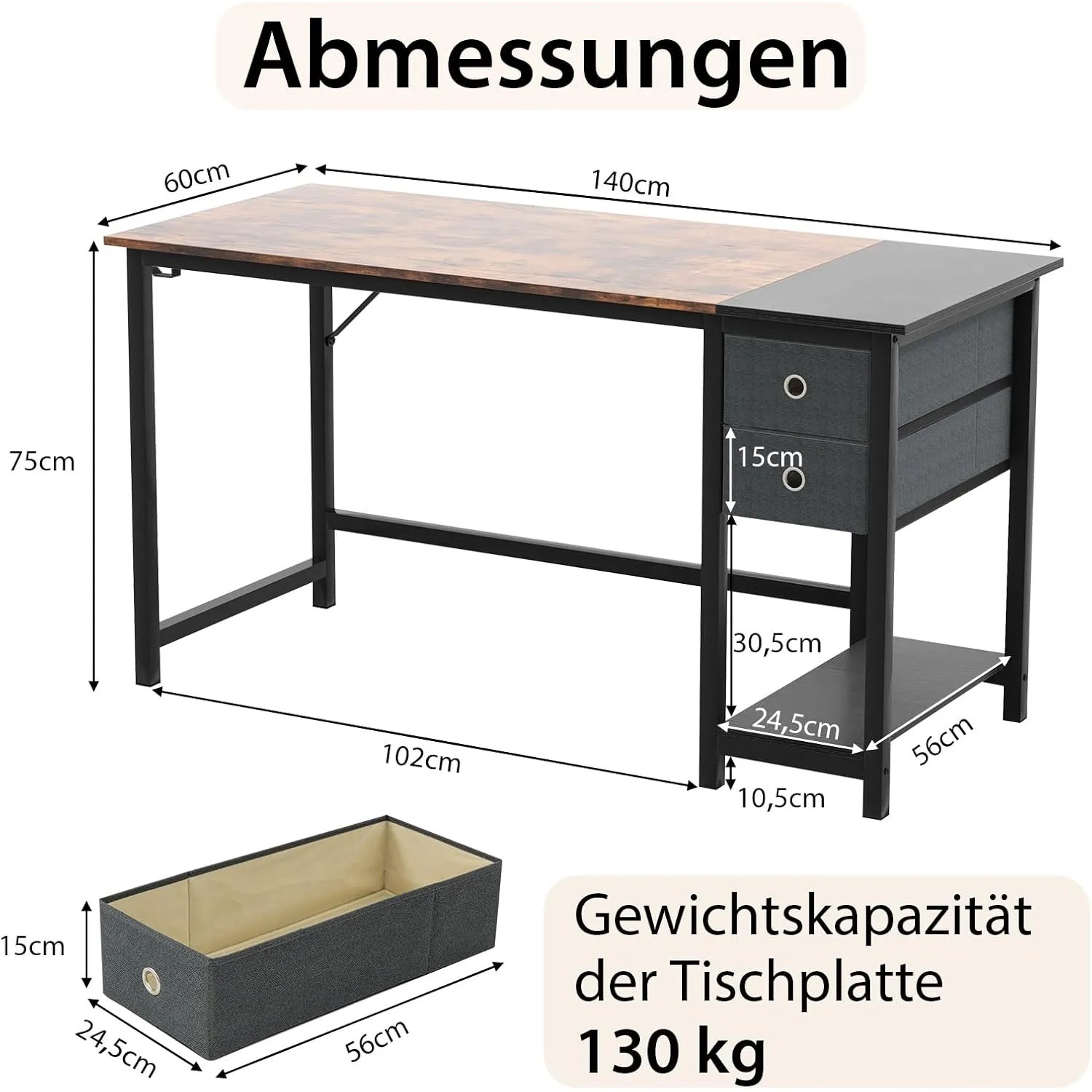 Costway Schreibtisch mit 2 Schubladen, Holz/Metall, rustikal braun/schwarz. Abmessungen.